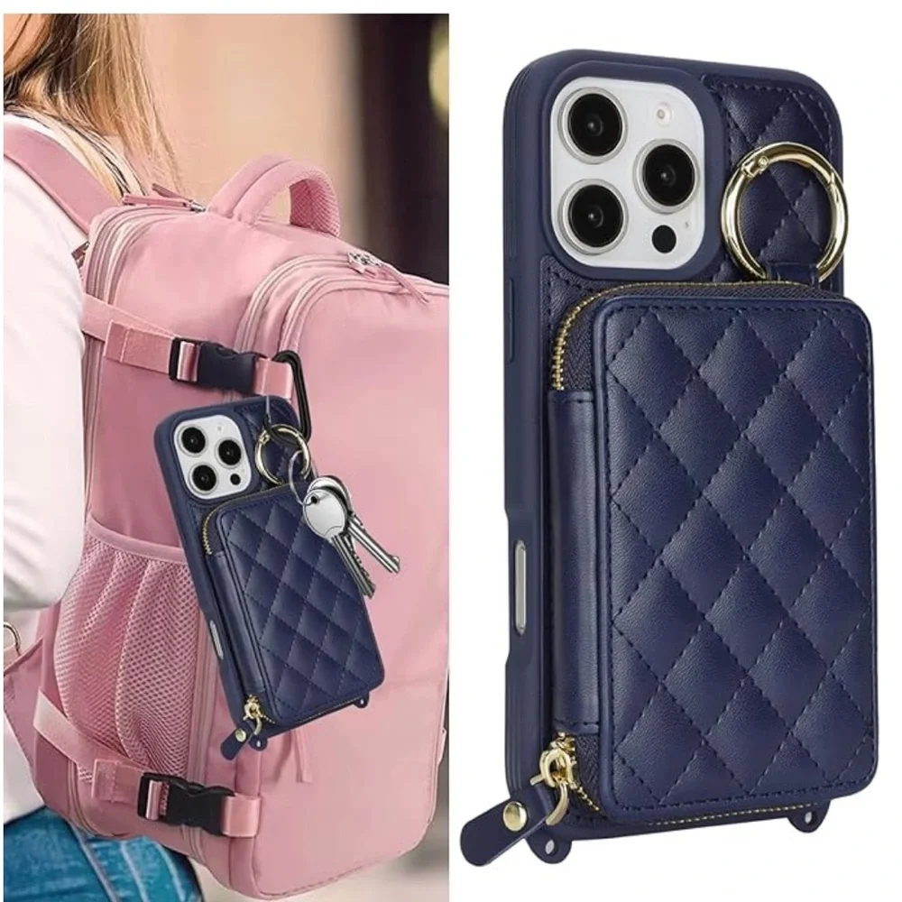 Quilted Navy blue iPhone 16 Pro Wallet Case with crossbody Strap - Picture 4 of 4